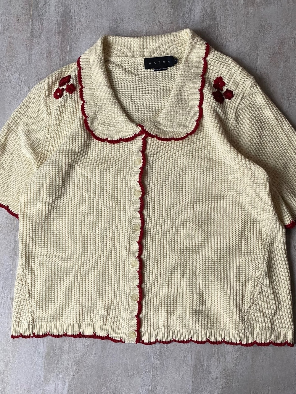 Hatch Collection Cottagecore Knit Short Sleeve Cardigan Cream Red Floral Size 2